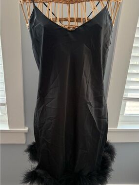 Vintage Val Mode Black Chemise Feather Trim Slip Dress Lingerie Medium